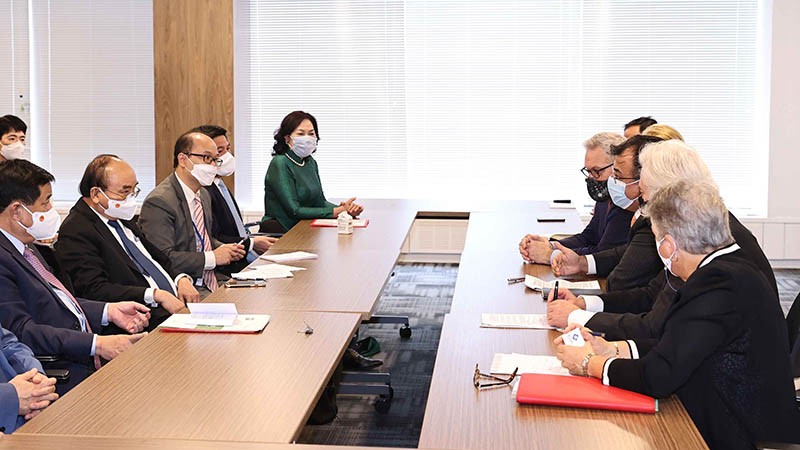 Chủ tịch nước Nguyễn Xuân Phúc tiếp Hội đồng Kinh doanh Mỹ - ASEAN (USABC), Hiệp hội thương mại Hoa Kỳ (Amcham), Phòng Thương mại Hoa Kỳ (USCC) . (Nguồn: TTXVN)