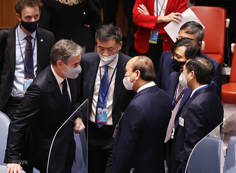 Chủ tịch nước Nguyễn Xuân Phúc và Ngoại trưởng Mỹ Antony Blinken tại phiên họp. (Nguồn: TTXVN)