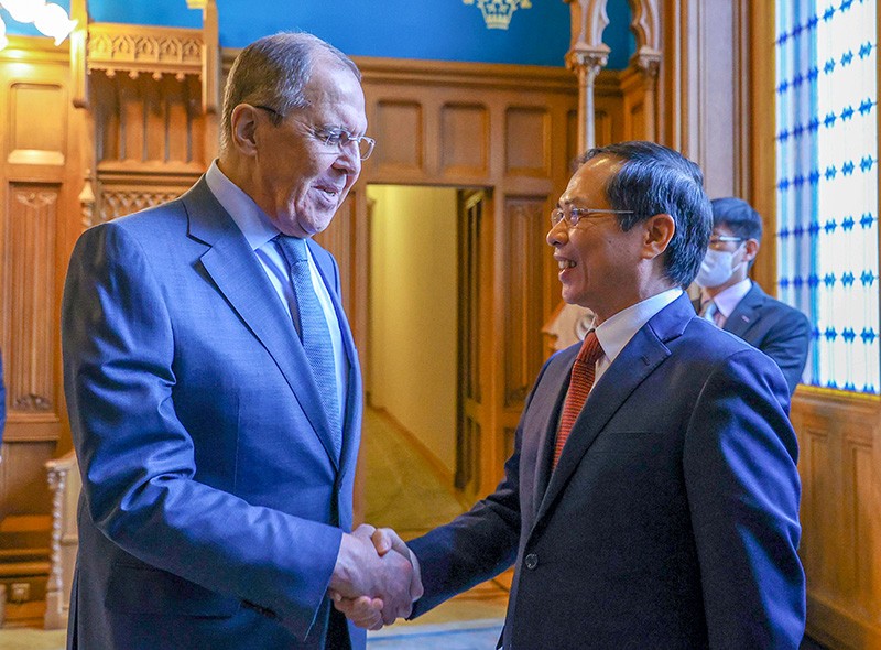 Bộ trưởng Ngoại giao Nga Sergey Lavrov đón Bộ trưởng Ngoại giao Bùi Thanh Sơn.