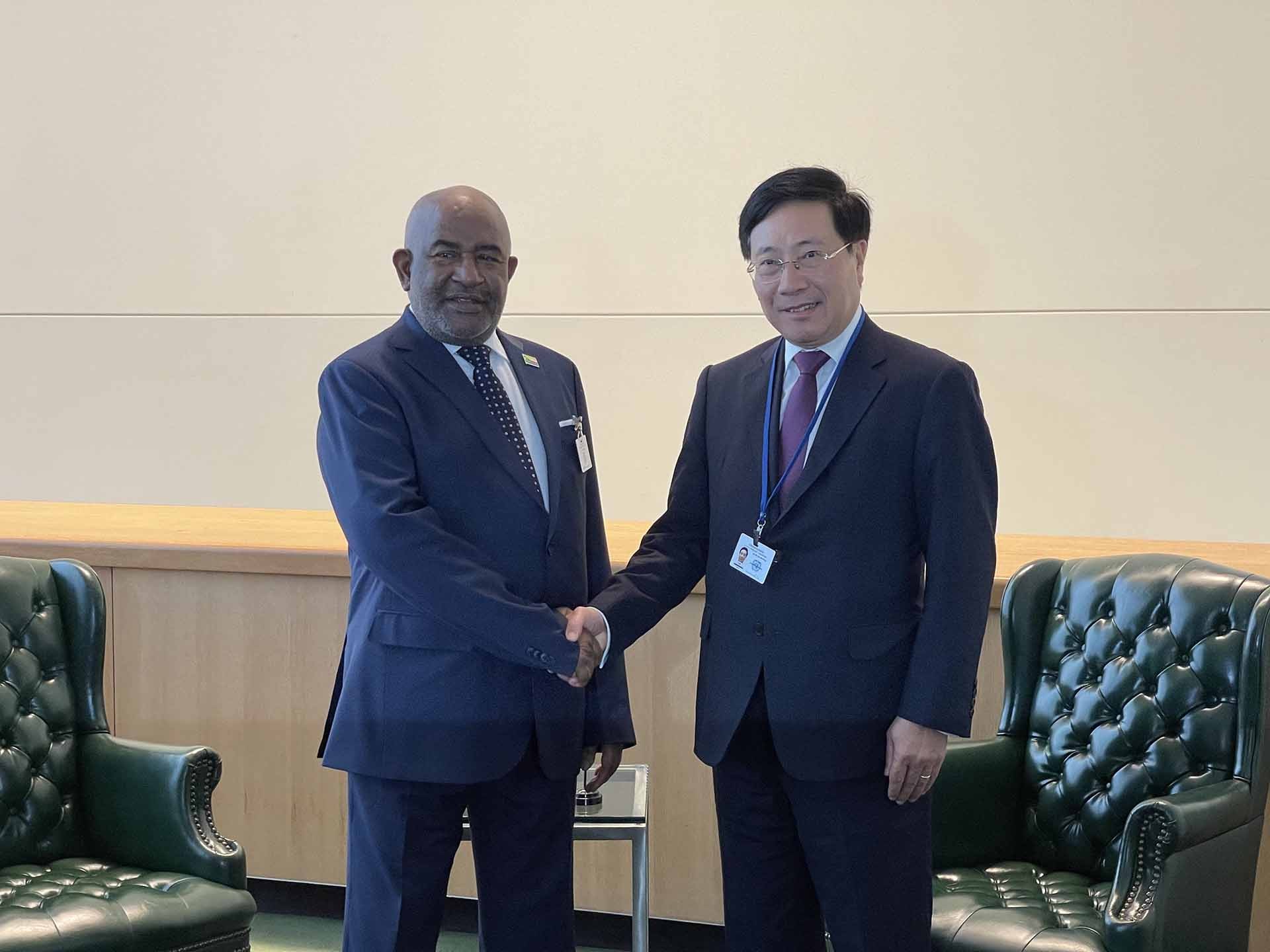 Phó Thủ tướng Thường trực Phạm Bình Minh và Tổng thống Liên bang Comoros Azali Assoumani. (Nguồn: TTXVN) Phó Thủ tướng Thường trực Phạm Bình Minh và Tổng thống Liên bang Comoros Azali Assoumani. (Nguồn: TTXVN)