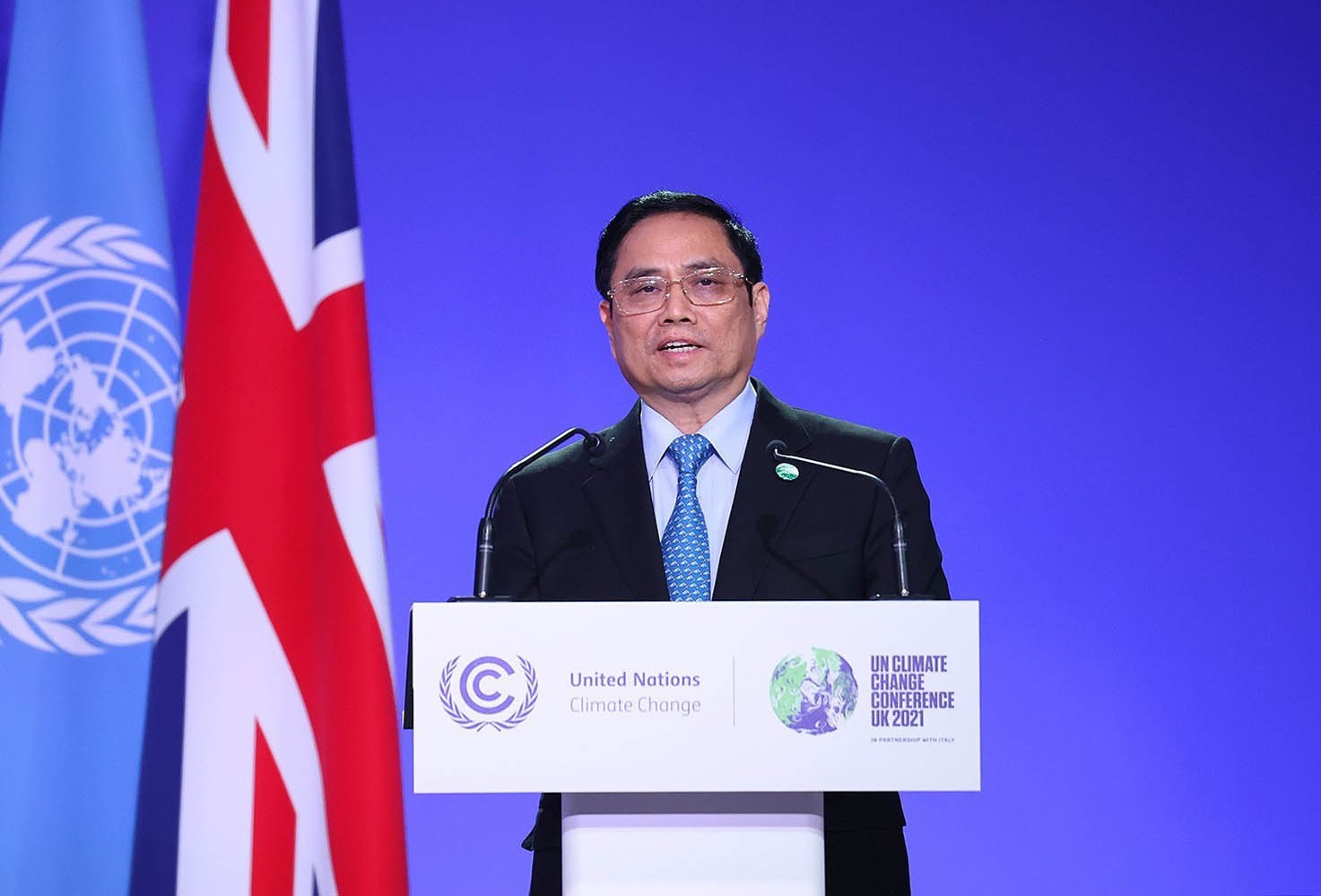 Thủ tướng Phạm Minh Chính phát biểu tại Hội nghị lần thứ 26 các Bên tham gia Công ước khung của Liên hợp quốc về Biến đổi khí hậu (COP26). (Nguồn: TTXVN)