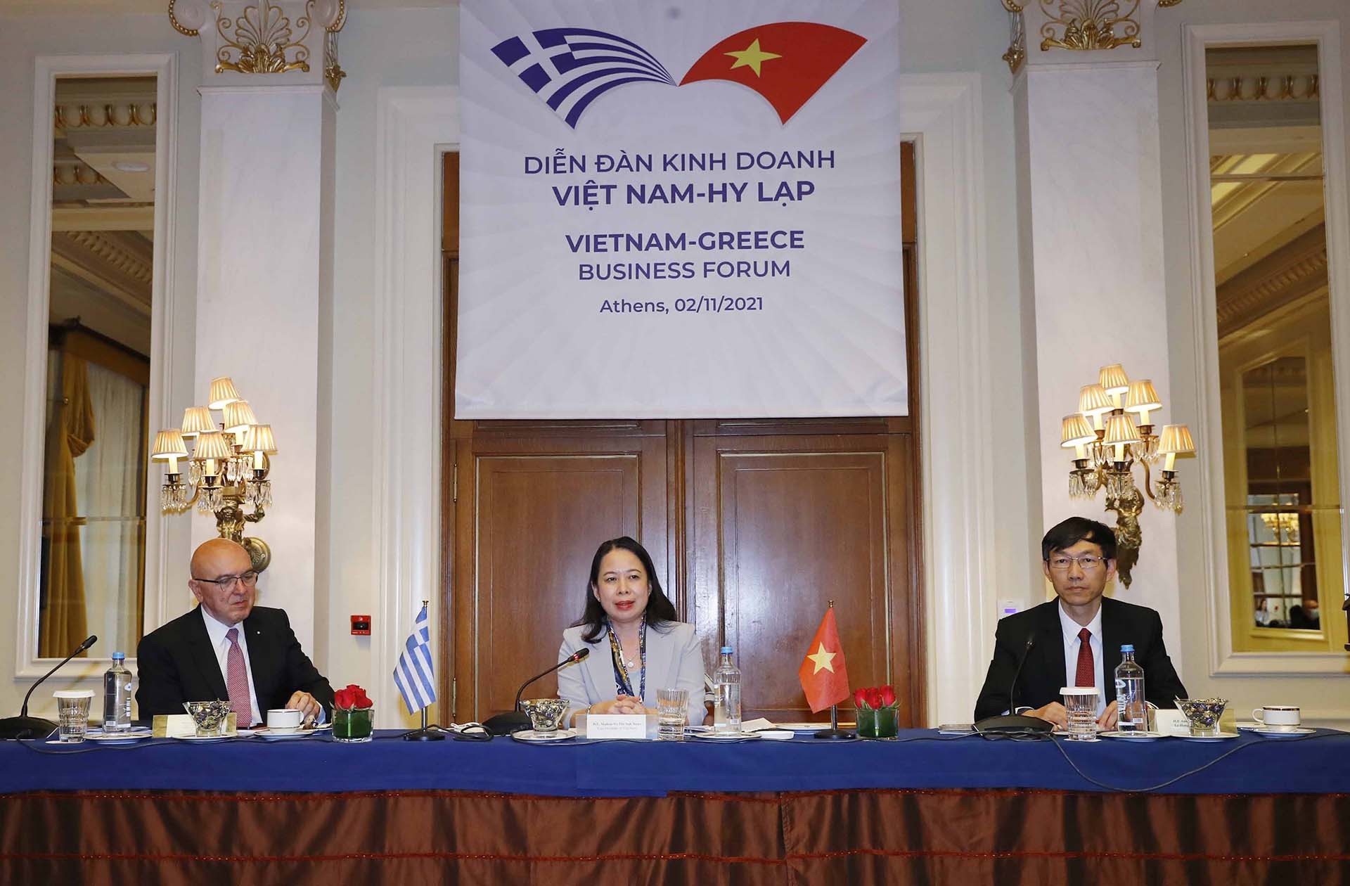 Phó Chủ tịch nước Võ Thị Ánh Xuân chủ trì Tọa đàm doanh nghiệp Việt Nam-Hy Lạp. (Nguồn: TTXVN)