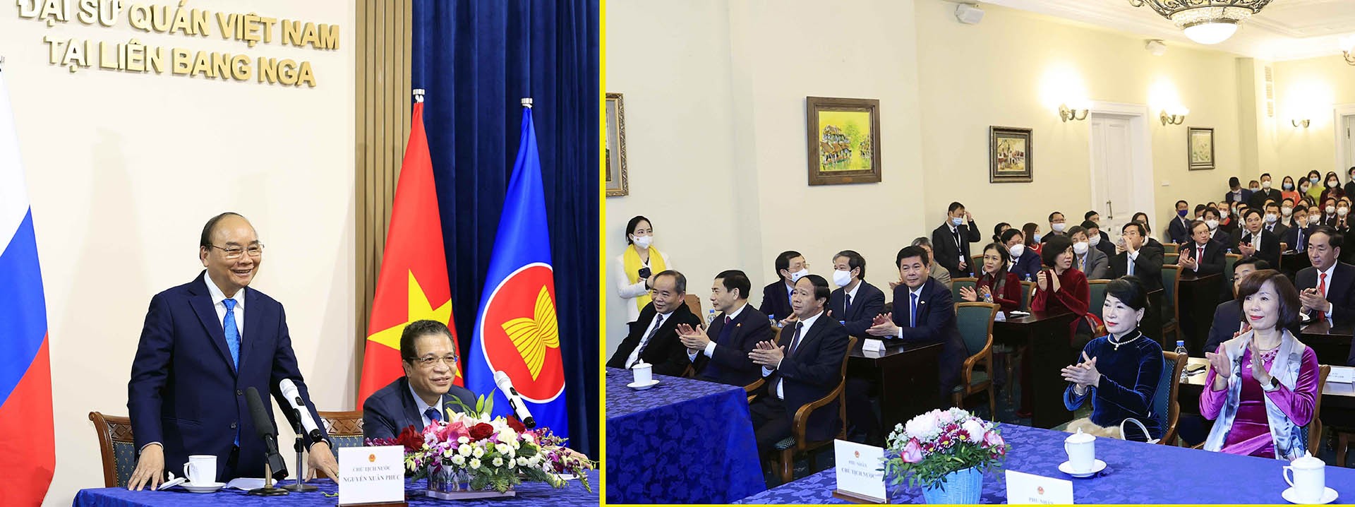 Chủ tịch nước Nguyễn Xuân Phúc gặp mặt cán bộ, nhân viên Đại sứ quán Việt Nam tại Liên bang Nga. (Nguồn: TTXVN)