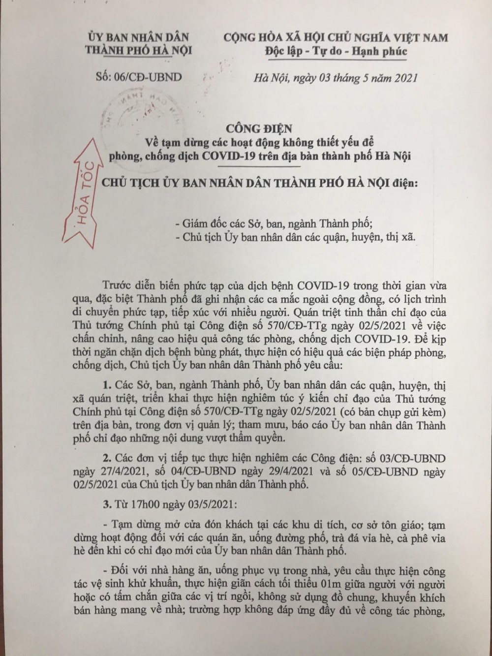 Công điện 06 của Ủy ban Nhân dân Thành phố Hà Nội. Công điện 06 của Ủy ban Nhân dân Thành phố Hà Nội.