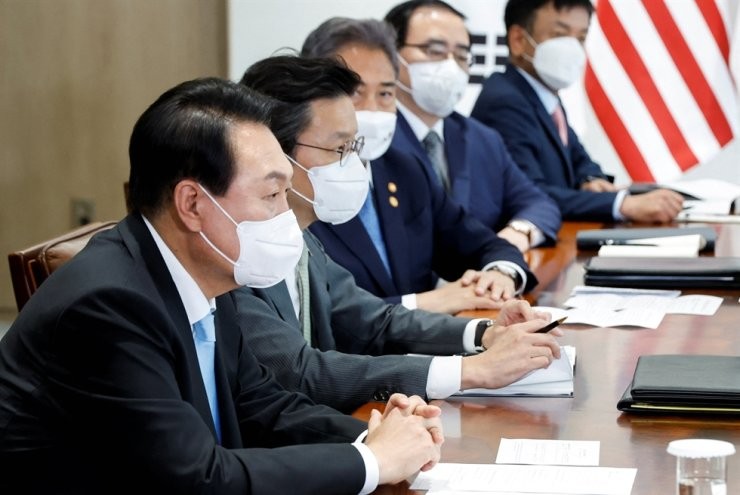 President Yoon Seok-youl attends a bilateral meeting with U.S. President Joe Biden (not pictured) at the People's House in Seoul, May 21. Reuters-Yonhap