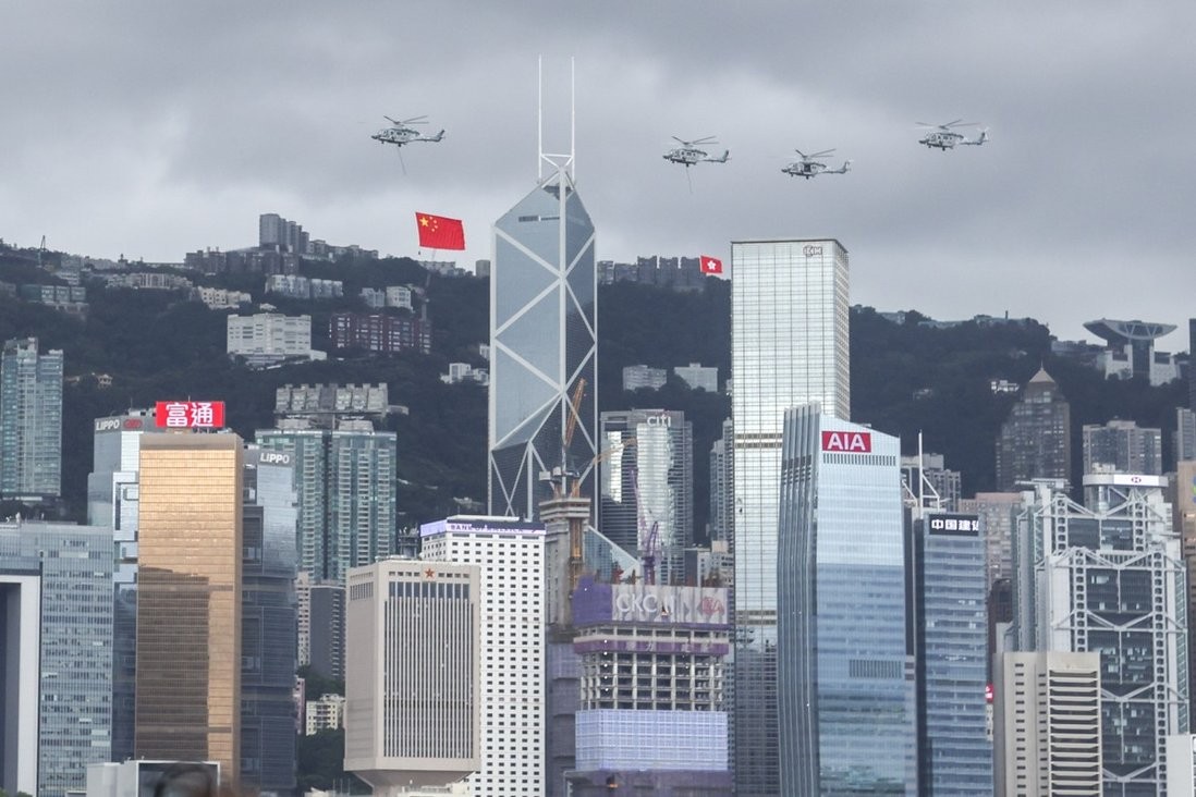 Helicopters from the Government Flying Service take part in events to mark the 25th anniversary of Hong Kong’s return to Chinese sovereignty on Friday. Photo: Nora Tam/SMCP