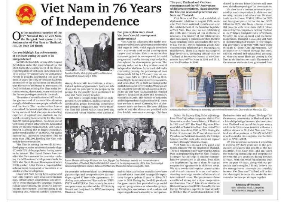 Báo tiếng Anh hàng đầu Thái Lan trang trọng đăng bài trả lời phỏng vấn của Đại sứ Việt Nam nhân dịp Quốc khánh 2/9
