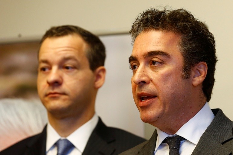 Lawyer Jared Genser, left, and Babak Namazi, the brother of Siamak Namazi and son of Baquer Namazi, address the media in Vienna, Austria, April 25, 2017 [Leonhard Foeger/ Reuters]