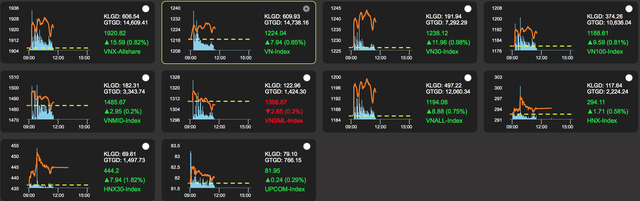 Tiền vào đang tích cực chảy vào cổ phiếu trụ, đẩy phần lớn các chỉ số trên thị trường tăng (Ảnh chụp màn hình).