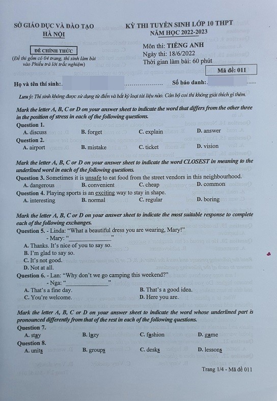 Đề thi và gợi ý giải môn Tiếng Anh lớp 10 ở Hà Nội Đề thi và gợi ý đáp án môn Tiếng Anh lớp 10 ở Hà Nội