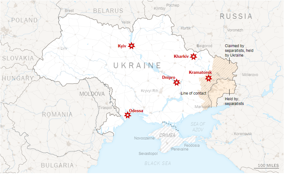 (02.24) Một số thành phố lớn của Ukraine hứng chịu nhiều vụ nổ lớn vài tiếng vừa qua. (Nguồn: New York Times)