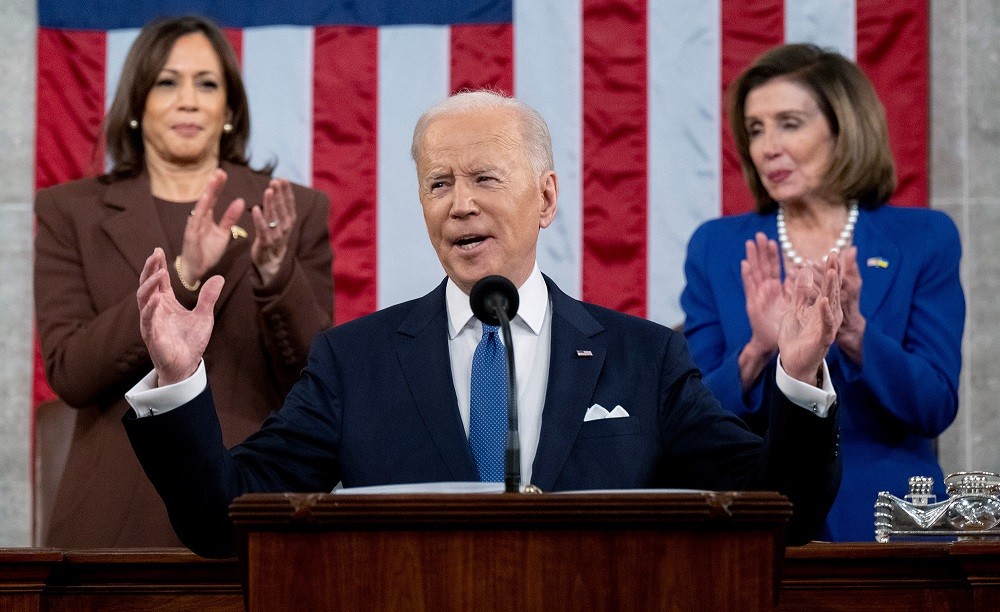 (03.02) Tổng thống Mỹ Joe Biden đọc Thông điệp Liên bang Mỹ ngày 1/3/2022. (Nguồn: AP)