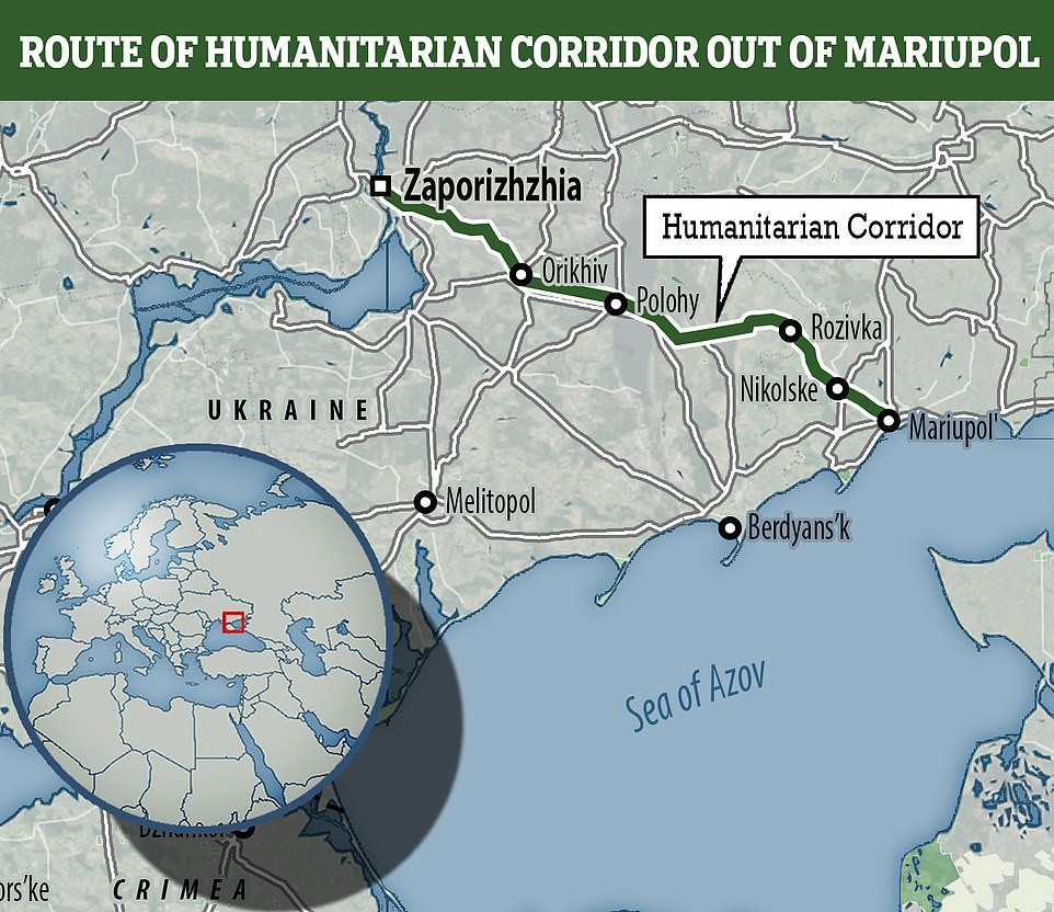 (03.05) Bản đồ về hành lang nhân đạo tại Mariupol. (Nguồn: DailyMail)