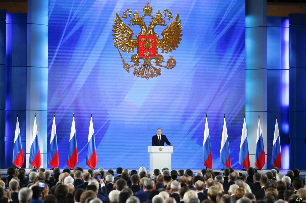 (04.20) Tổng thống Nga Vladimir Putin trình bày Thông điệp quốc gia tại thủ đô Moscow ngày 15/1/2020. (Nguồn: AP)