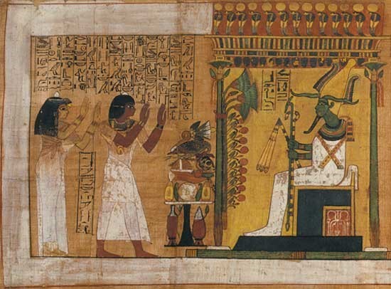 (04.30) Kha và vợ Merit trước Thần chết Osiris ngồi dưới tán cây papyrus ở Thế giới bên kia (Nguồn: UK McClung Museum). (04.30) Kha và vợ Merit trước Thần chết Osiris ngồi dưới tán cây papyrus ở Thế giới bên kia (Nguồn: UK McClung Museum).