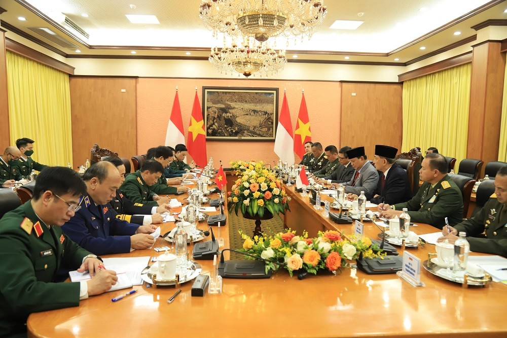 (05.12) Bộ trưởng Bộ Quốc phòng Việt Nam và Indonesia hội đàm tại trụ sở Bộ Quốc phòng ngày 13/5/2022. (Ảnh: Trần Thường)