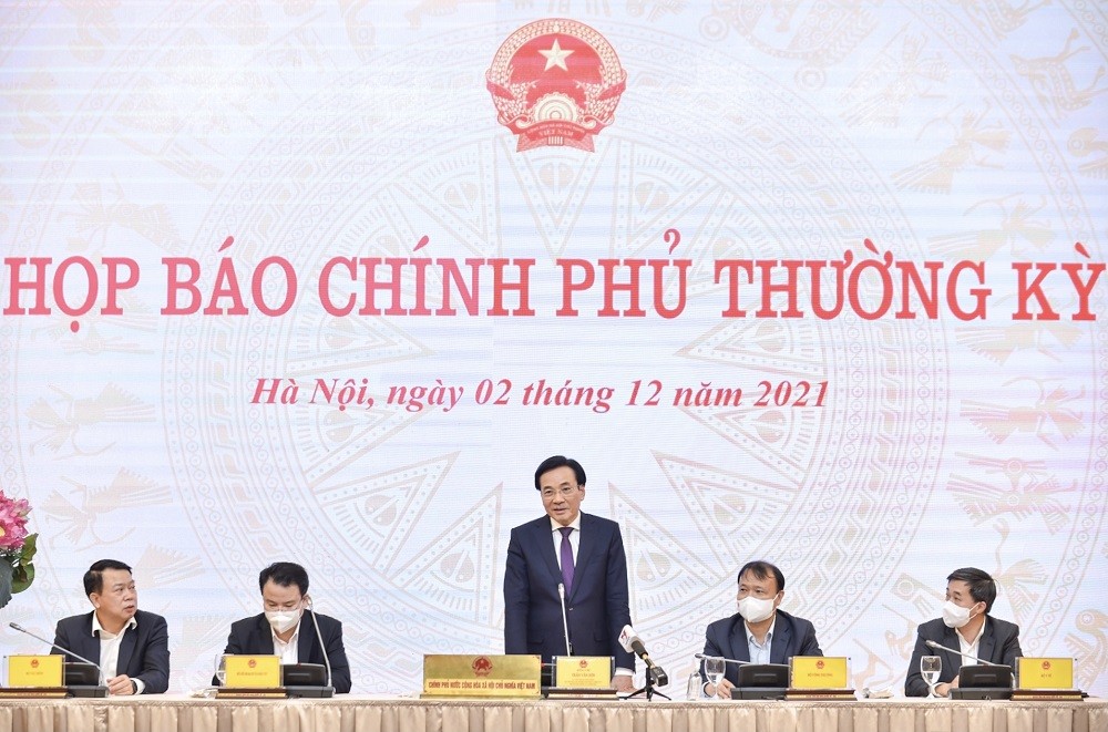 (12.02) Bộ trưởng Chủ nhiệm Văn phòng Chính phủ Trần Văn Sơn phát biểu tại Họp báo Chính phủ thường kỳ ngày 2.12. (Nguồn: VGP)