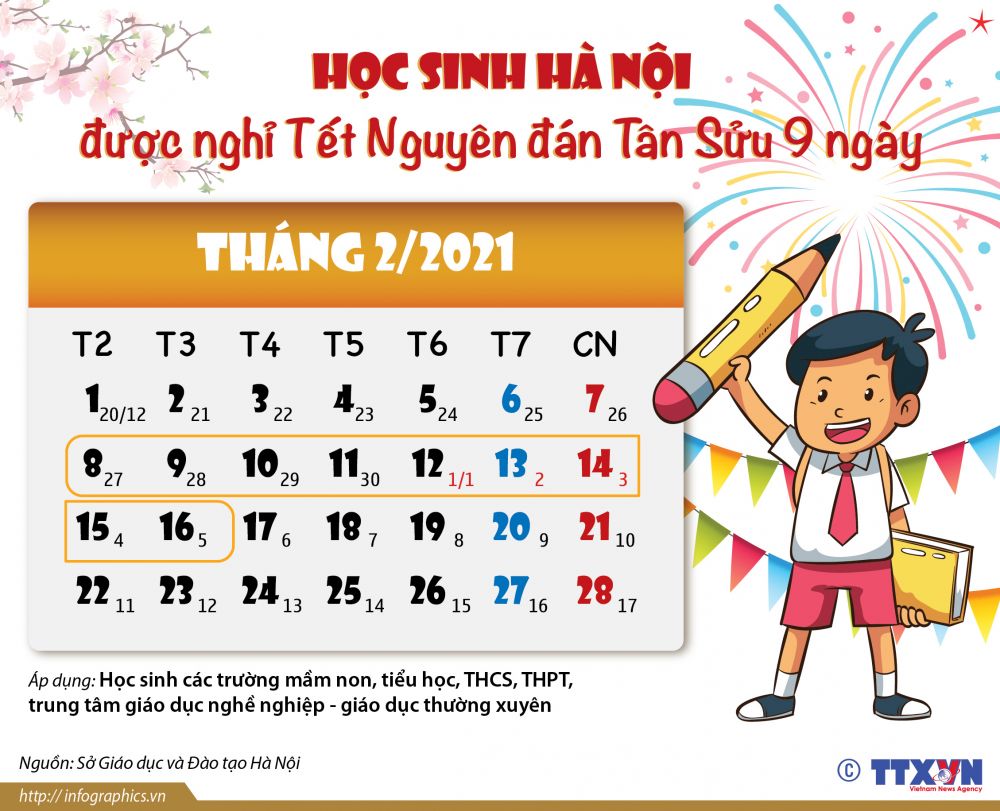 Học sinh Hà Nội được nghỉ Tết Nguyên đán Tân Sửu 9 ngày