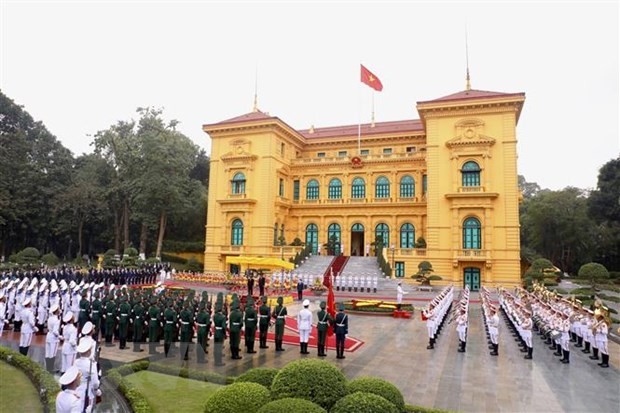 Lễ đón Thủ tướng Lào Phankham Viphavanh thăm chính thức Việt Nam ngày 8/1/2022 tại Phủ Chủ tịch. (Ảnh: Lâm Khánh/TTXVN)