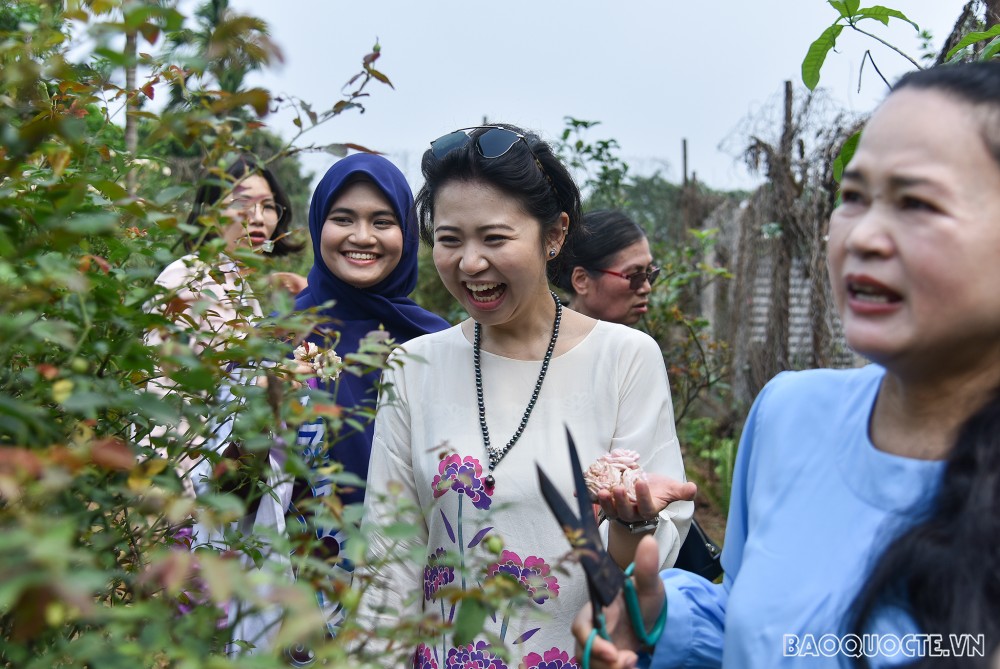 Nhóm Phụ nữ Cộng đồng ASEAN tại Hà Nội hái hoa trổ tài làm nước hoa hồng