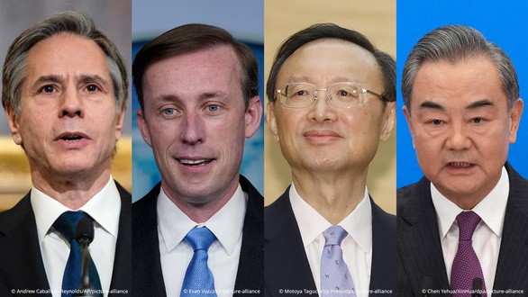 Từ trái sang: Ngoại trưởng Mỹ Antony Blinken, Cố vấn an ninh quốc gia Mỹ Jake Sullivan, Ủy viên Bộ Chính trị, Chủ nhiệm Văn phòng Ủy ban công tác ngoại sự Trung ương Đảng Cộng sản Trung Quốc Dương Khiết Trì, và Ngoại trưởng Trung Quốc Vương Nghị - Ảnh: DW Từ trái sang: Ngoại trưởng Mỹ Antony Blinken, Cố vấn an ninh quốc gia Mỹ Jake Sullivan, Ủy viên Bộ Chính trị, Chủ nhiệm Văn phòng Ủy ban công tác ngoại sự Trung ương Đảng Cộng sản Trung Quốc Dương Khiết Trì, và Ngoại trưởng Trung Quốc Vương Nghị - Ảnh: DW