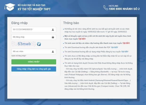Giao diện hệ thống để thí sinh xác nhận nhập học trực tuyến. (Ảnh: Vietnam+)