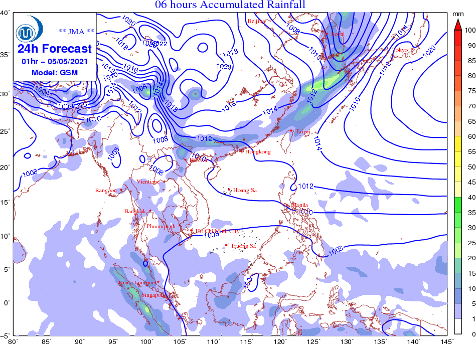 Dự báo thời tiết đêm nay và ngày mai (4-5/5): Hà Nội mưa to; Bắc Bộ, Bắc Trung Bộ cục bộ mưa rất to; Nam Trung Bộ, Tây Nguyên, Nam Bộ nắng nóng