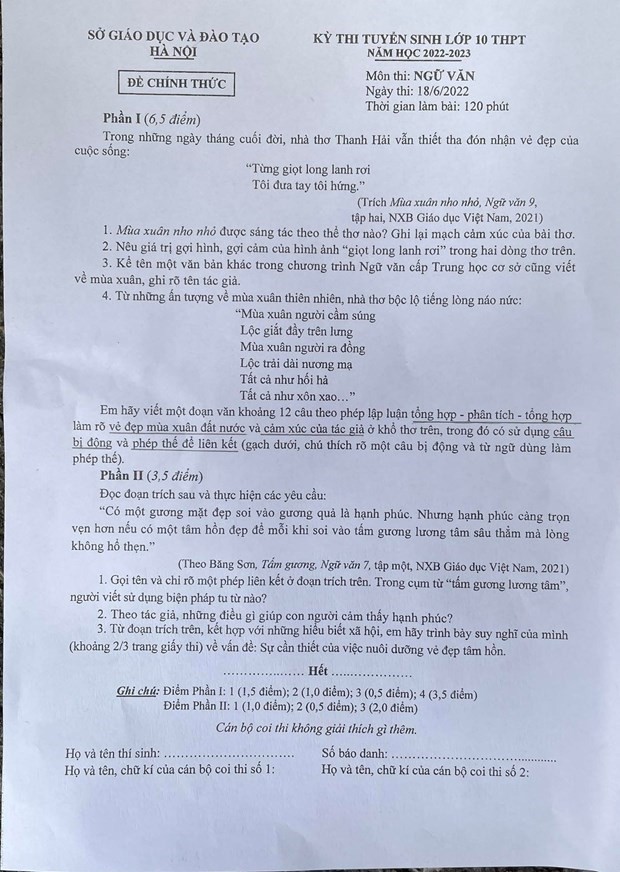 Đề thi chính thức môn Ngữ văn thi vào lớp 10 THPT công lập Hà Nội 2022/23.