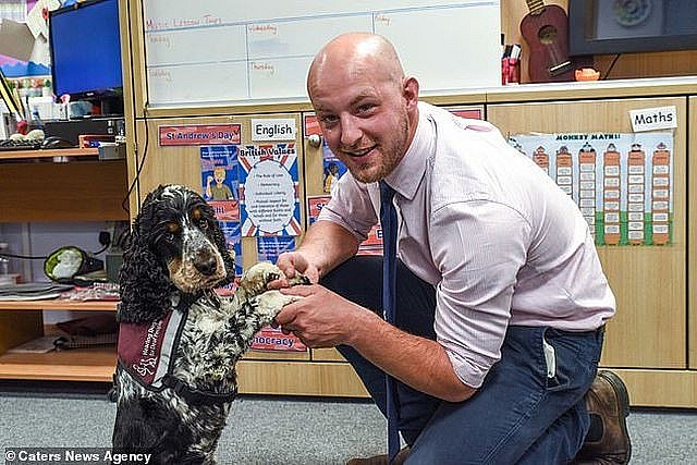 anh chu cho thong minh giup thay giao khiem thinh tu tin dung tren buc giang