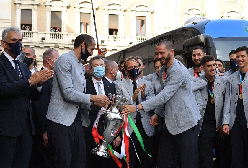 Bộ đôi trung vệ Giorgio Chiellini và Leonardo Bonucci cùng nhau cầm chiếc cúp vô địch EURO 2021: Nguồn: Twitter)