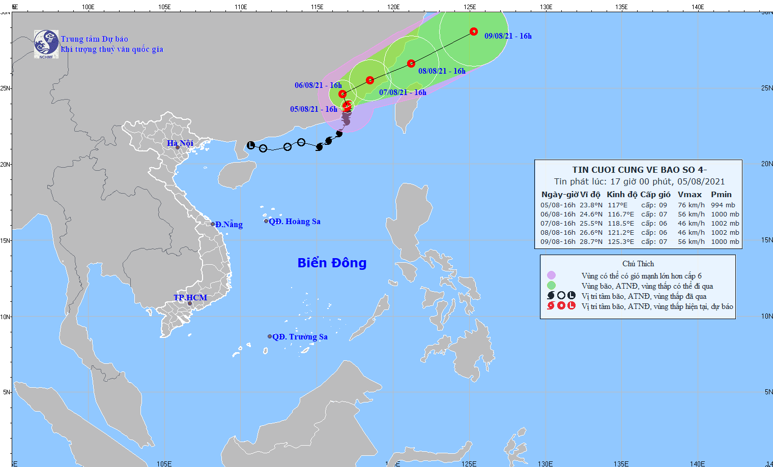 Chiều tối nay (5/8), bão số 4 đã đi vào đất liền tỉnh Quảng Đông (Trung Quốc). (Nguồn: nchmf.gov.vn)
