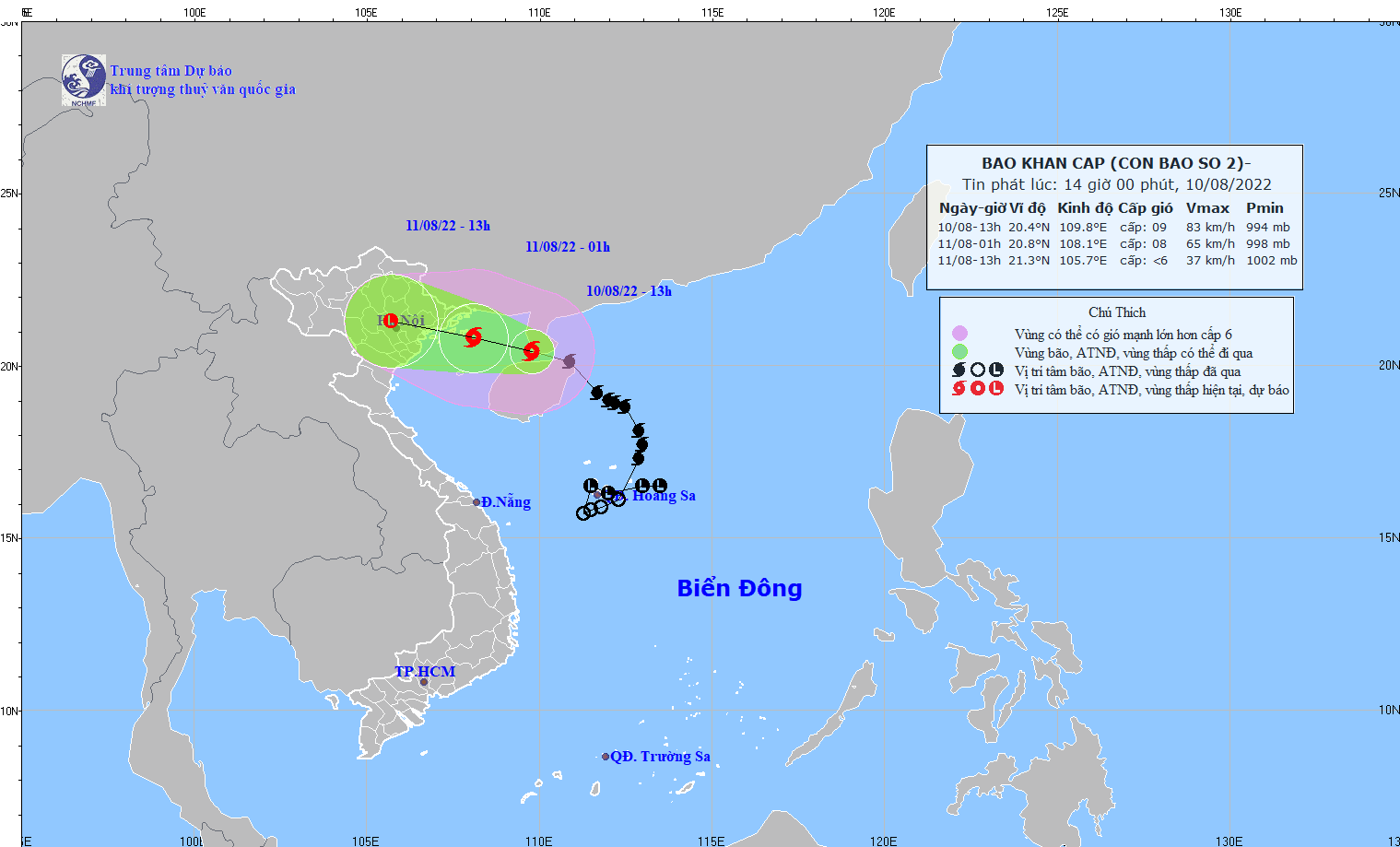 Dự báo hướng đi bão số 2: Tâm bão trên vùng biển Quảng Ninh-Nam Định, Hà Nội có mưa rất to