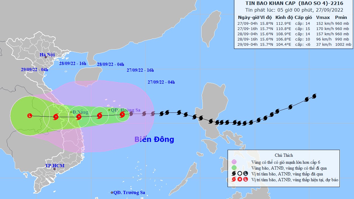 Dự báo: Bão số 4 sẽ trên vùng biển Quảng Trị-Bình Định; đề phòng gió mạnh, sóng lớn, lốc xoáy và nước biển dâng