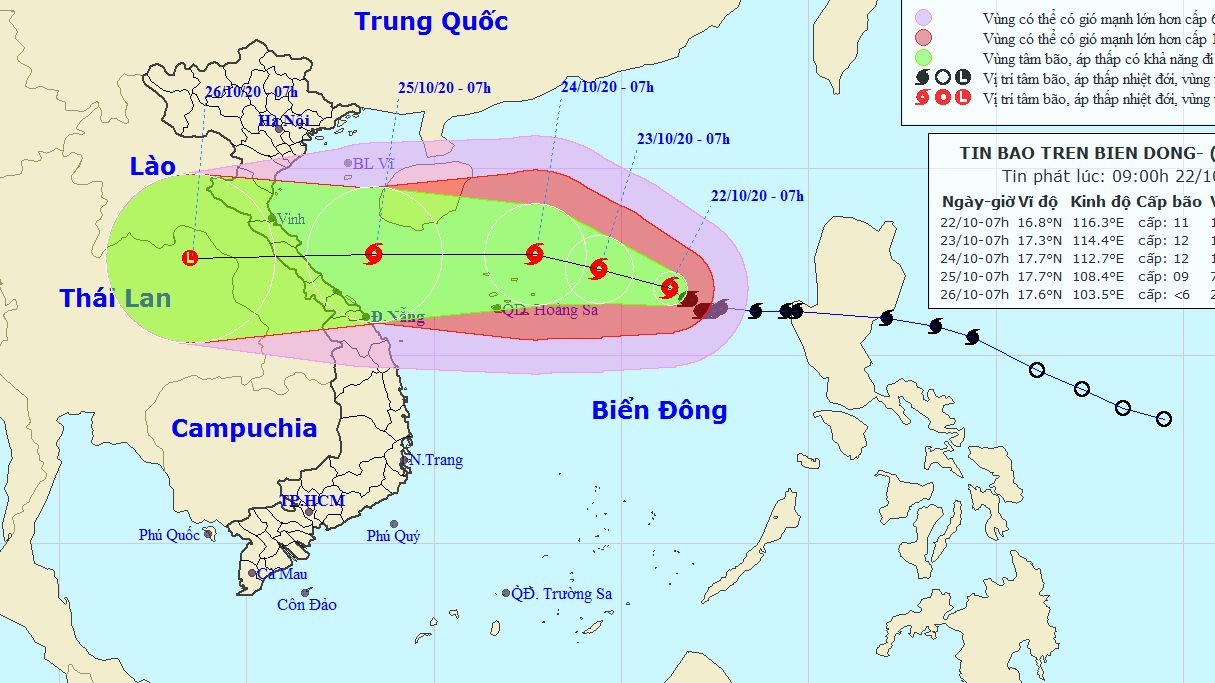 Dự báo thời tiết 3 ngày tới (22-24/10): Bão trên Biển Đông mạnh lên, gió giật mạnh, biển động dữ dội; nguy cơ cao sạt lở đất ở Hà Tĩnh, Quảng Bình