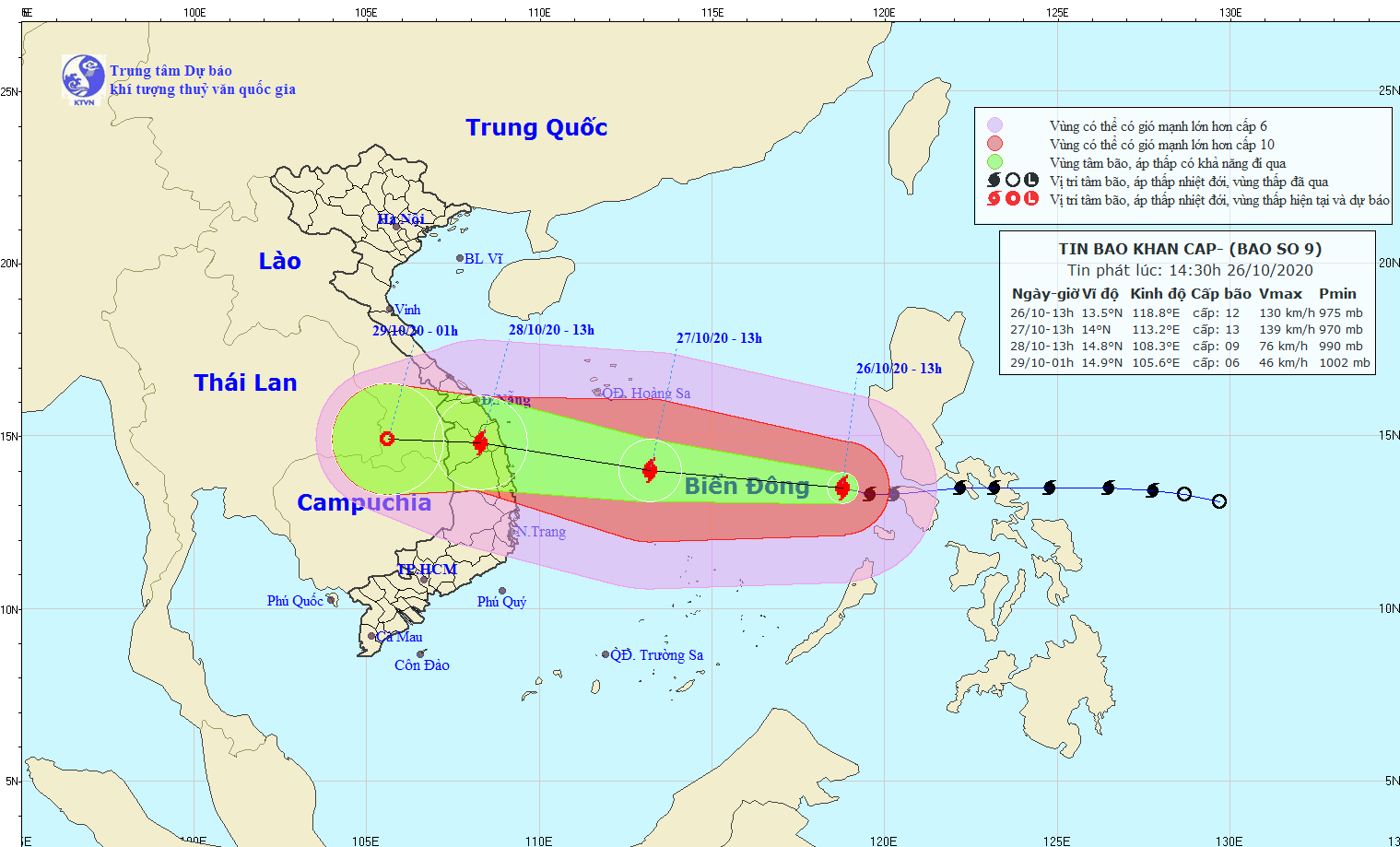 Dự báo thời tiết: Bão số 9 đi sâu vào đất liền gây mưa lớn khu vực Trung Bộ, Tây Nguyên và tạo vùng nguy hiểm trên Biển Đông