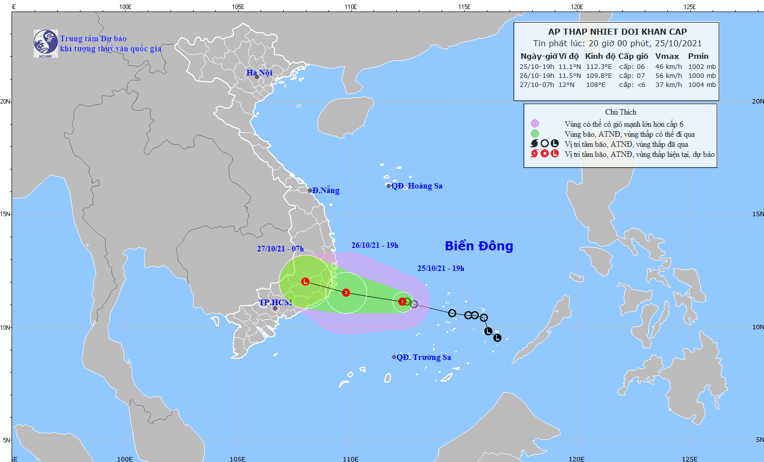 Sức gió mạnh nhất vùng gần tâm áp thấp nhiệt đới giật cấp 9; mưa lớn tại Trung Bộ, Tây Nguyên và vùng Đông Nam Bộ