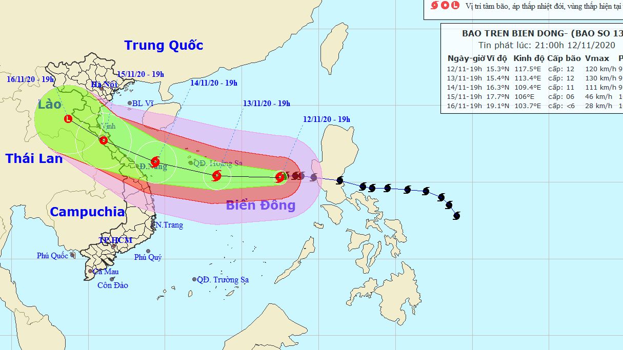 Cập nhật diễn biến bão số 13: Khoảng 19 giờ ngày 14/11, bão trên vùng biển ngoài khơi các tỉnh từ Quảng Bình đến Quảng Nam