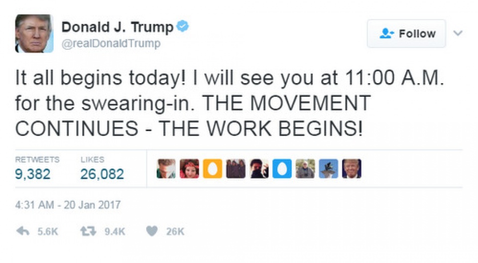 Ông Trump viết dòng tweet đầu tiên trong ngày nhậm chức ong trump viet dong tweet dau tien trong ngay nham chuc