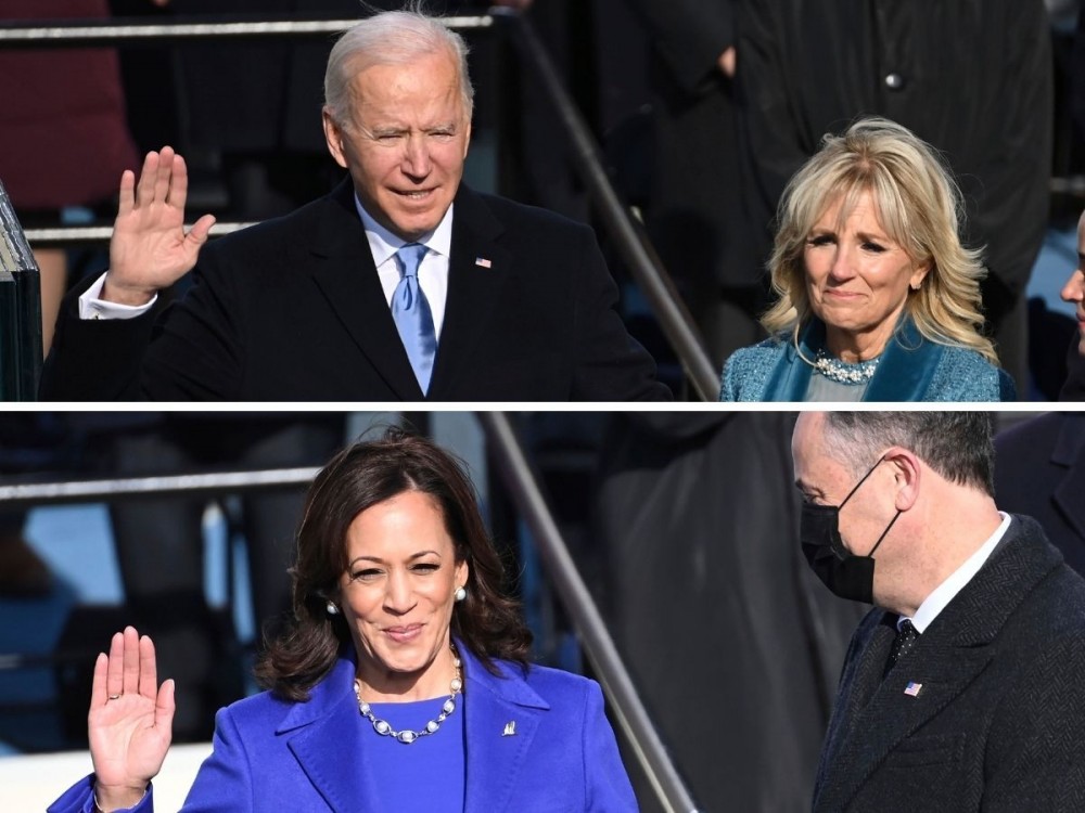 Tổng thống Mỹ Joe Biden và Phó Tổng thống Mỹ Kamala Harris đọc lời tuyên thệ. (Nguồn: AP)