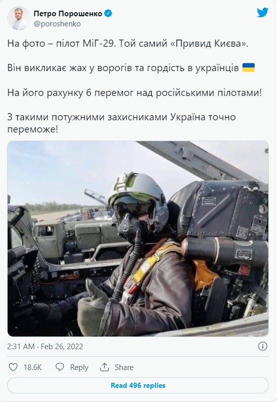 Bài đăng của cựu Tổng thống Ukraine Petro Poroshenko trên Twitter về 'Bóng ma Kiev'. (Ảnh chụp màn hình)