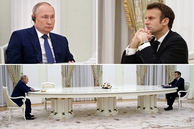 Tổng thống Pháp Emmanuel Macron trong buổi hội đàm với người đồng cấp Nga Vladimir Putin hồi tháng Hai. (Nguồn:Sputnik)