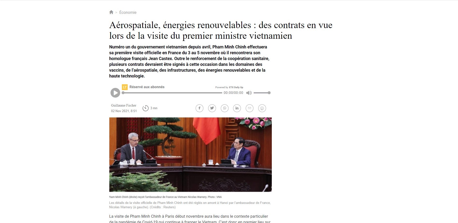 La Tribune: Chuyến thăm Pháp của Thủ tướng Phạm Minh Chính đem lại triển vọng tươi sáng cho quan hệ song phương Pháp-Việt