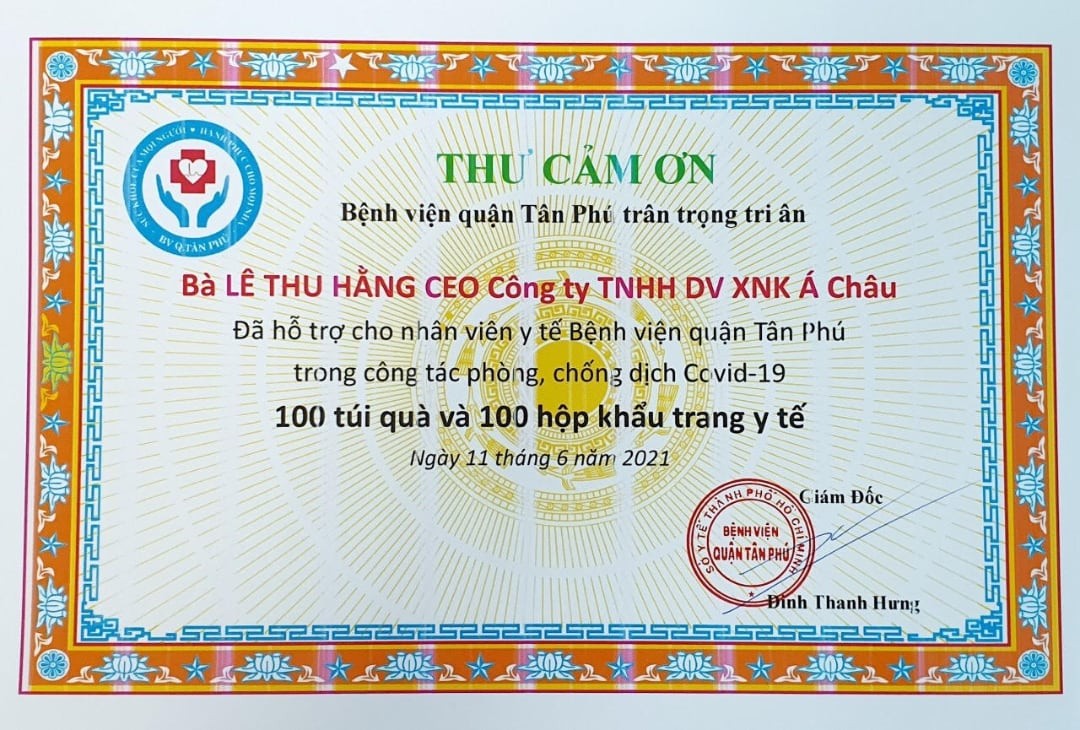 Thư cảm ơn của Bệnh viện quận Tân Phú.
