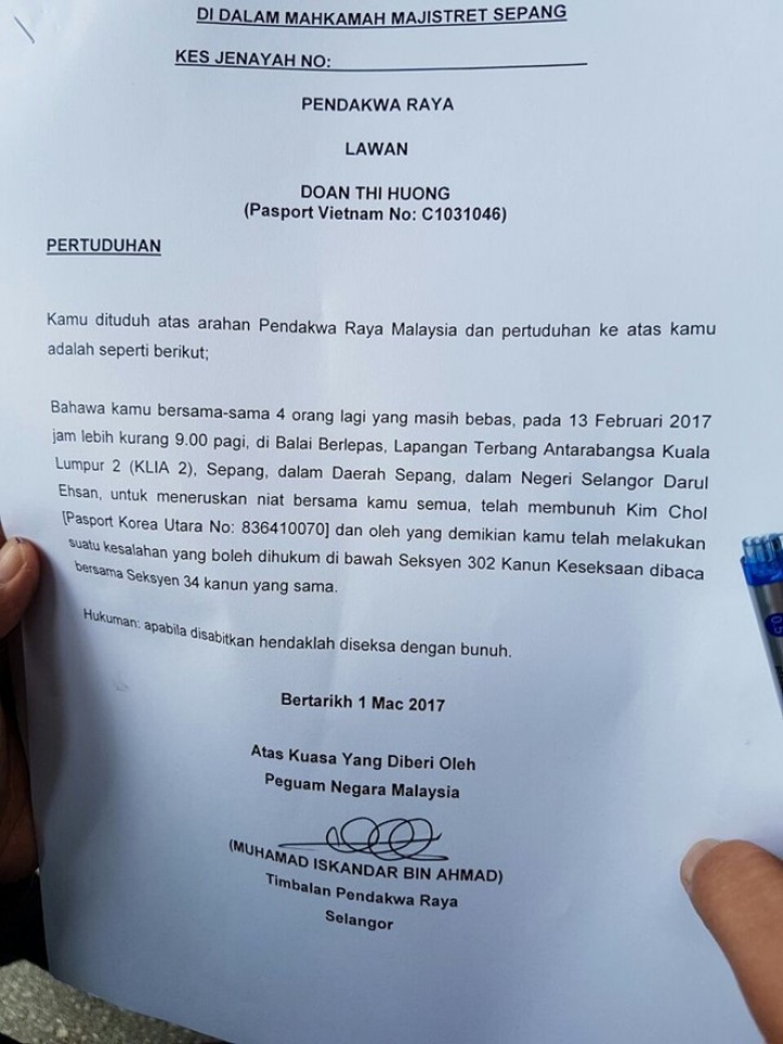 doan thi huong bi buoc toi muu sat vu nghi an kim jong nam