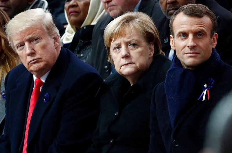 Từ trái qua phải: Tổng thống Mỹ Donald Trump, Thủ tướng Đức Angela Merkel và Tổng thống Pháp Emmanuel Macron. (Nguồn: AP)