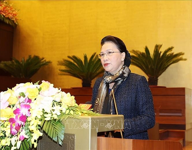 Chủ tịch Quốc hội Nguyễn Thị Kim Ngân, Chủ tịch Hội đồng bầu cử Quốc gia phát biểu tại Hội nghị. (Nguồn: TTXVN)