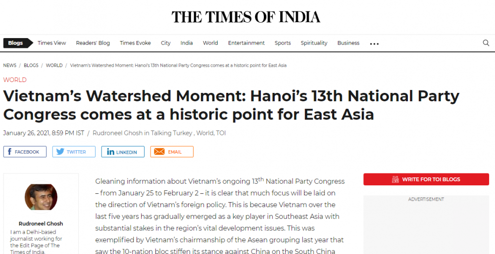 Trang Times of India của Ấn Độ ngày 26/1 đã đưa thông tin về Đại hội XIII của Đảng. (Nguồn: Times of India) Trang Times of India của Ấn Độ ngày 26/1 đã đưa thông tin về Đại hội XIII của Đảng. (Nguồn: Times of India)
