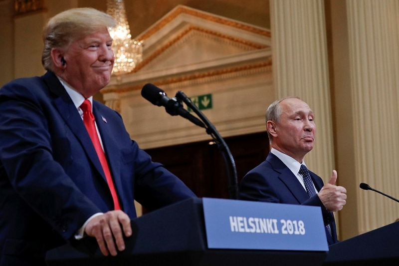 Tổng thống Nga Vladimir Putin và Tổng thống Donald Trump họp báo chung tại Phủ Tổng thống ở Helsinki, Phần Lan, ngày 16/7/2018. (Nguồn: AP)