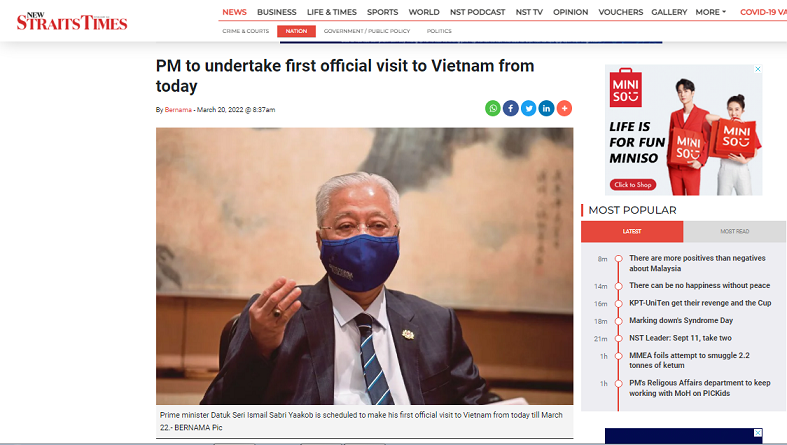 Báo Malaysia đưa tin về chuyến thăm Việt Nam của Thủ tướng Malaysia. (Ảnh chụp màn hình)