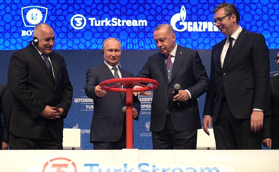 Tổng thống Nga Vladimir Putin và người đồng cấp Thổ Nhĩ Kỳ Recep Tayyip Erdogan khai trương đường ống dẫn khí đốt Dòng chảy Thổ Nhĩ Kỳ (TurkStream) vào ngày 8/1/2020. (Nguồn: Kremlin.ru)